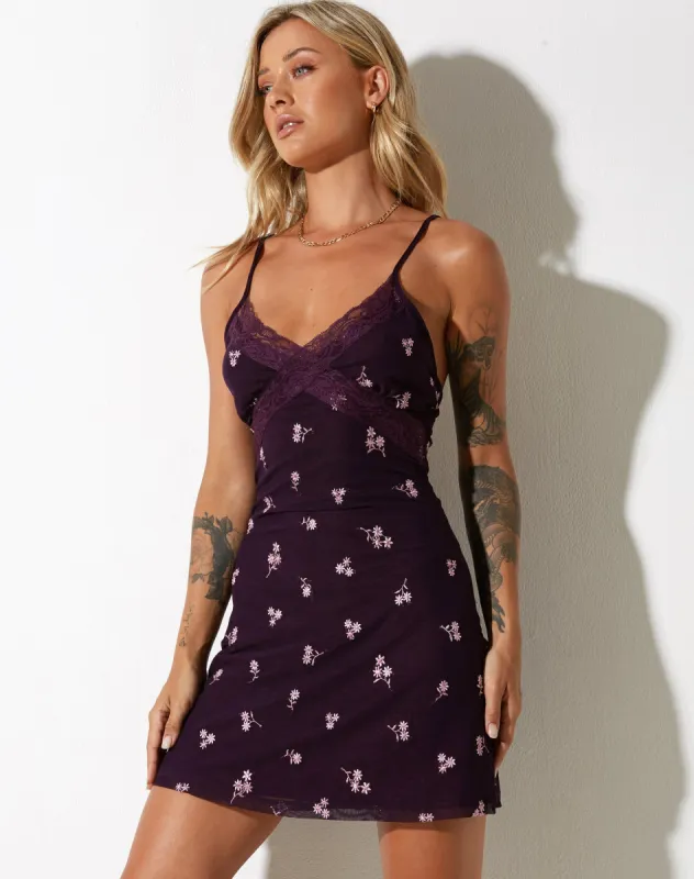 Coline Mini Dress in Plum Daisy Embro sold by Motel Rocks