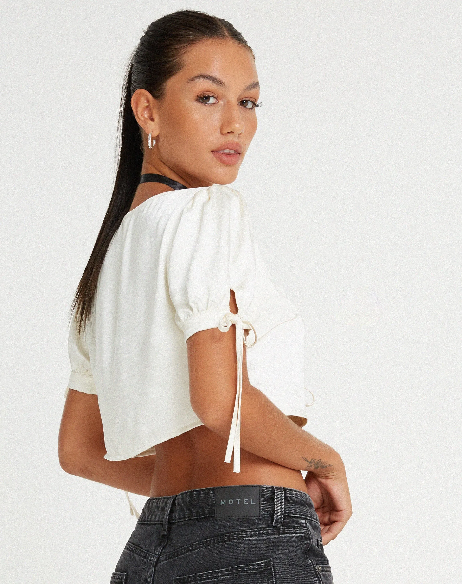 Sanura Tie Up Crop Top in Satin Ivory sold by Motel Rocks product image thumbnail 2