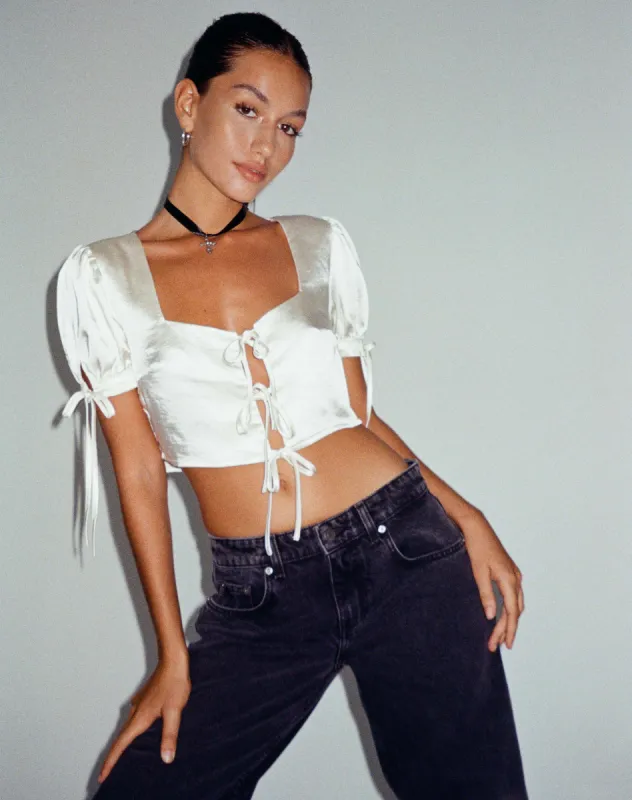 Sanura Tie Up Crop Top in Satin Ivory sold by Motel Rocks