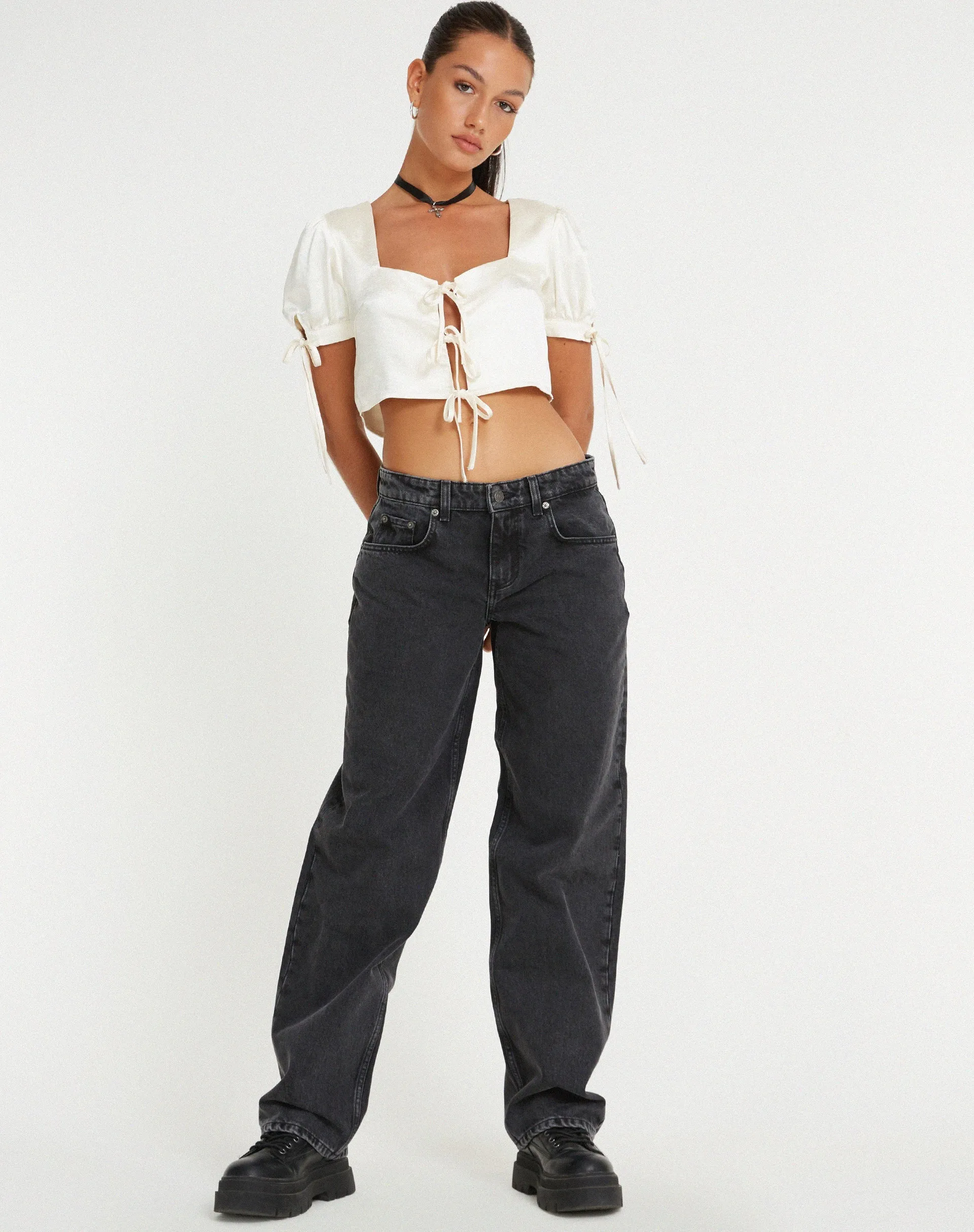 Sanura Tie Up Crop Top in Satin Ivory sold by Motel Rocks product image thumbnail 3