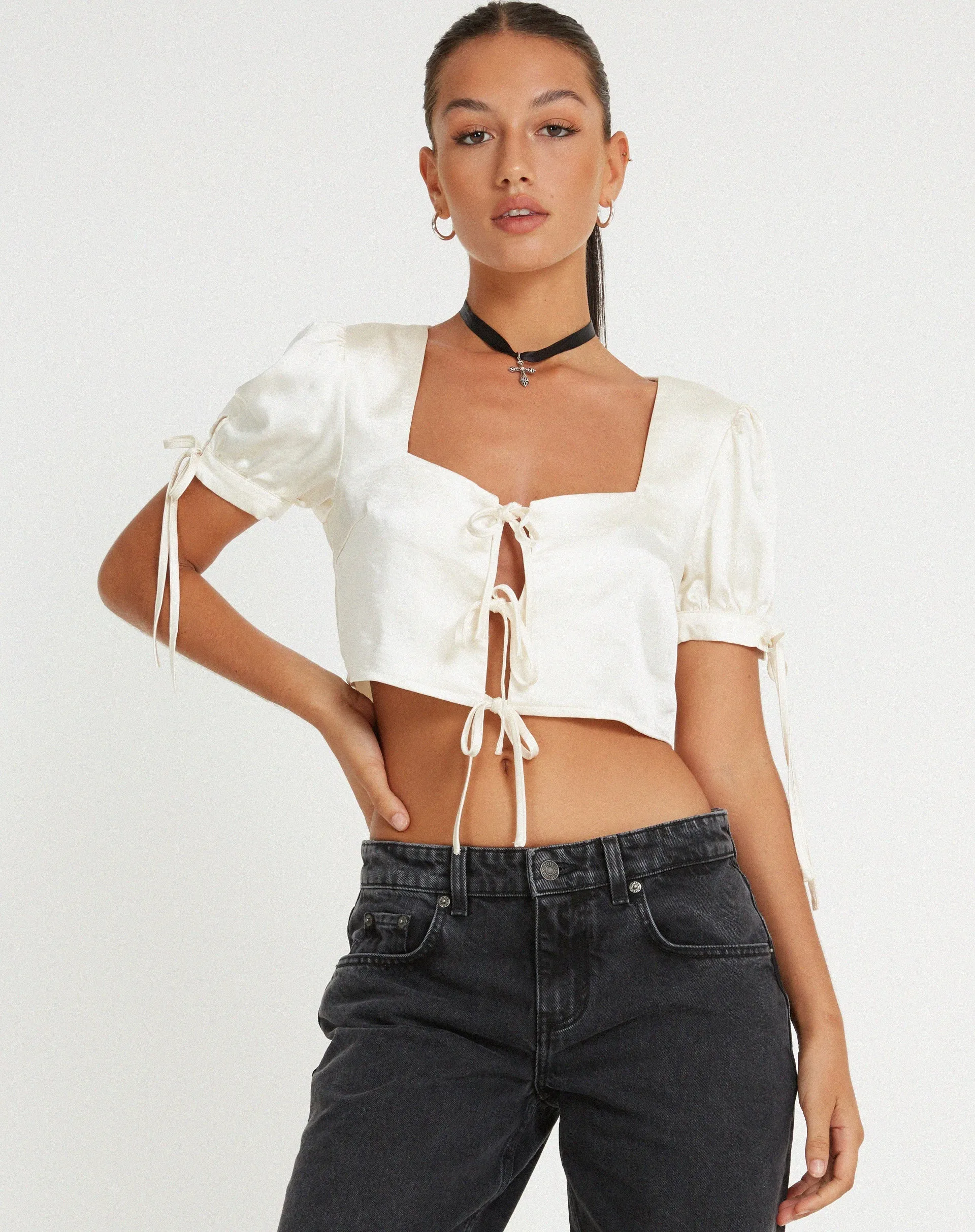 Sanura Tie Up Crop Top in Satin Ivory sold by Motel Rocks product image thumbnail 4