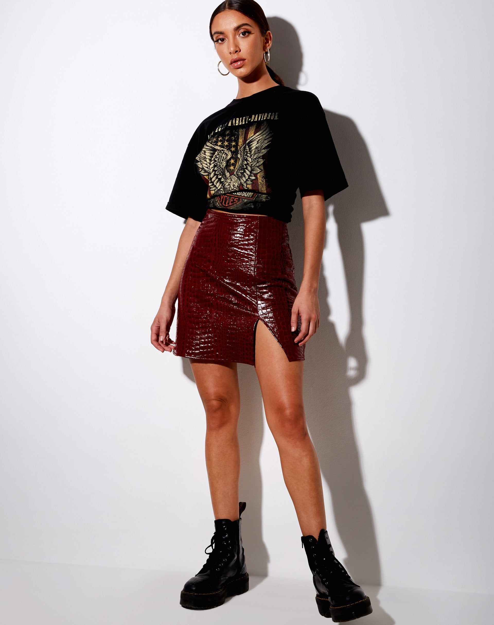 Wren Skirt in Croc PU Burgundy sold by Motel Rocks