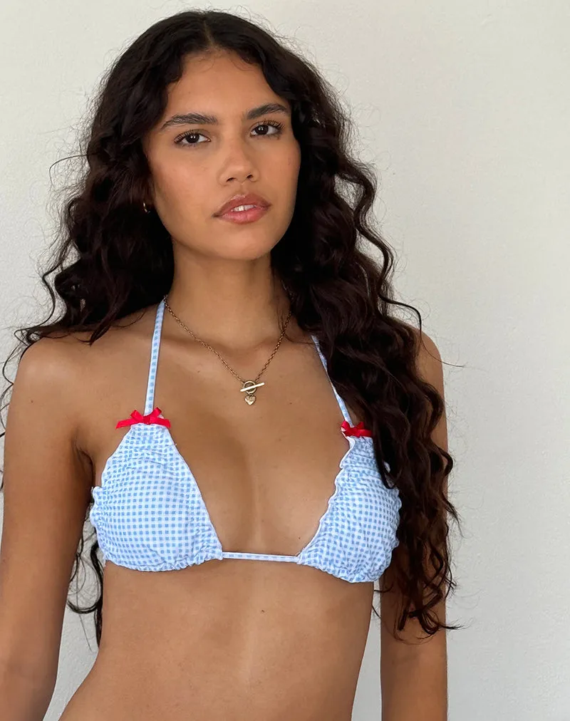 Pumyla Bikini Top in Blue Gingham with Bows sold by Motel Rocks