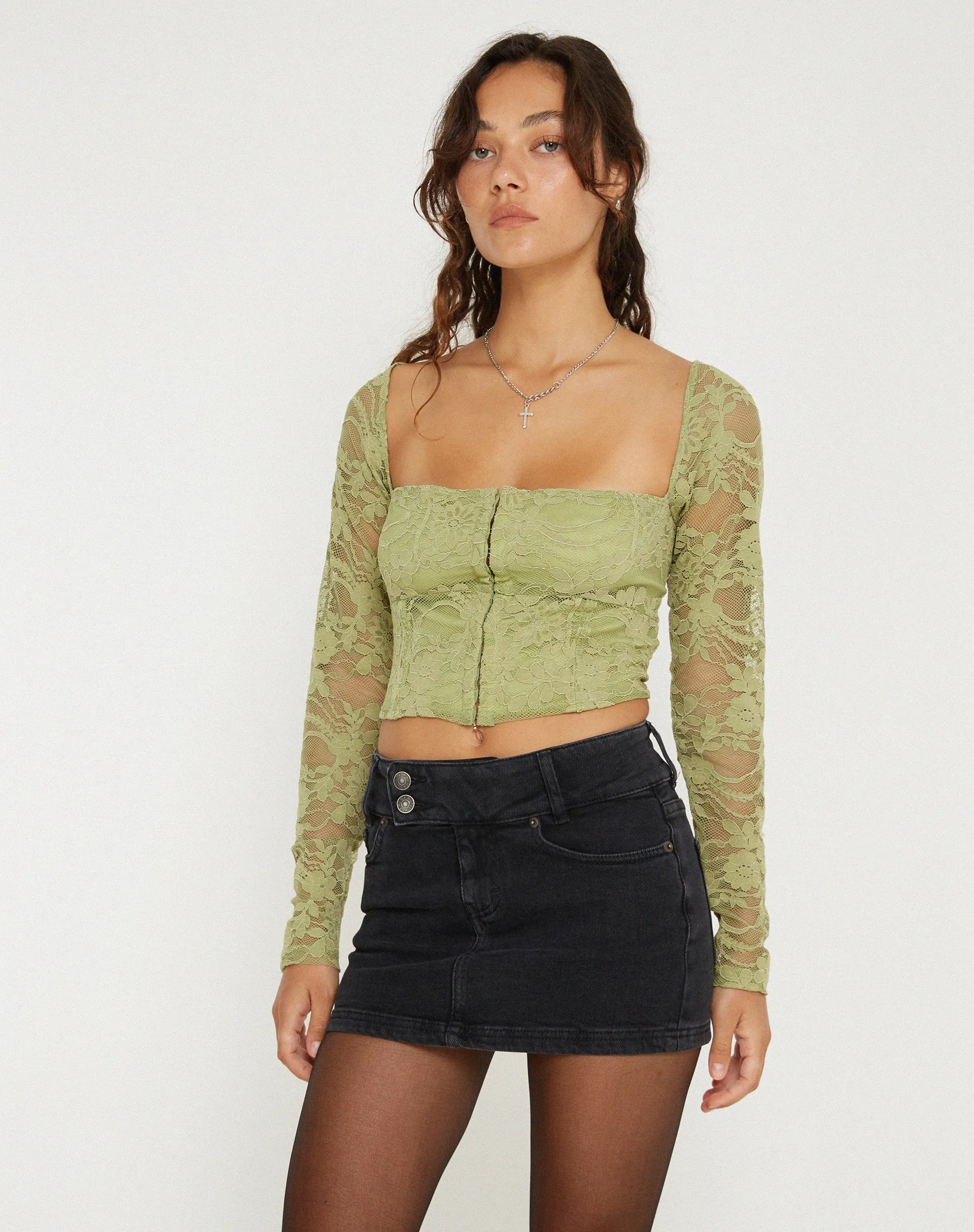 Khafila Long Sleeve Corset Top in Lace Green sold by Motel Rocks