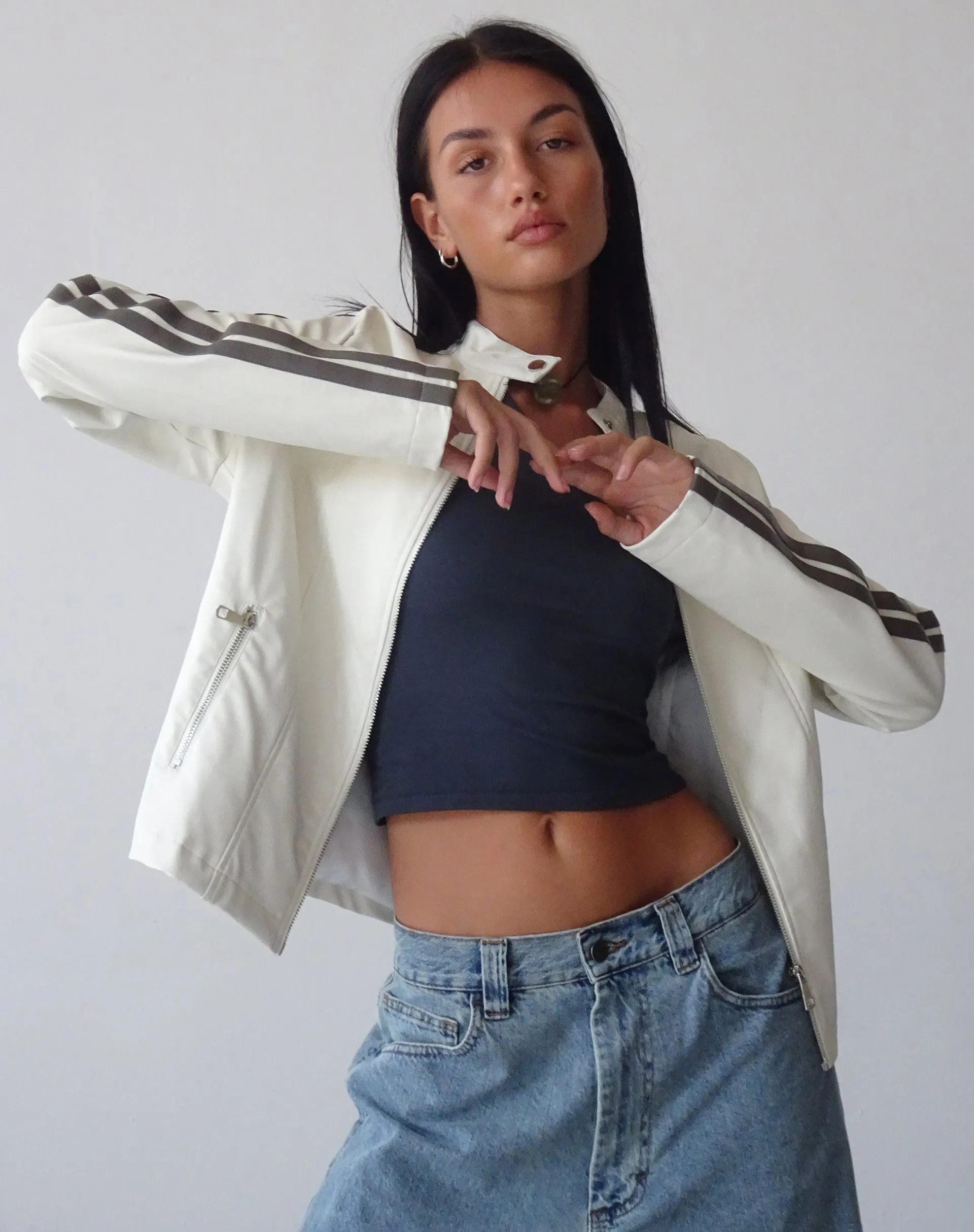 Jacquie Zip Up Jacket in PU Cream with Brown Stripe sold by Motel Rocks product image thumbnail 3