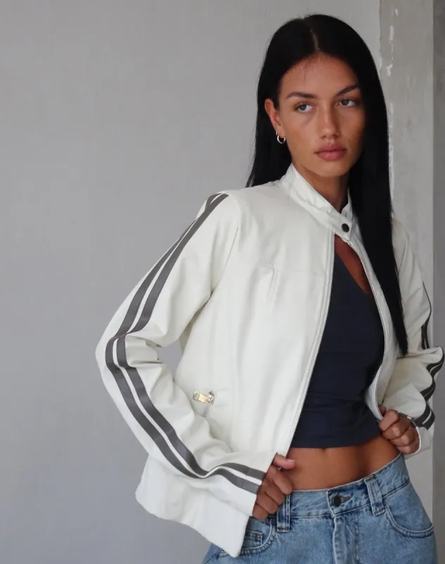 Jacquie Zip Up Jacket in PU Cream with Brown Stripe sold by Motel Rocks