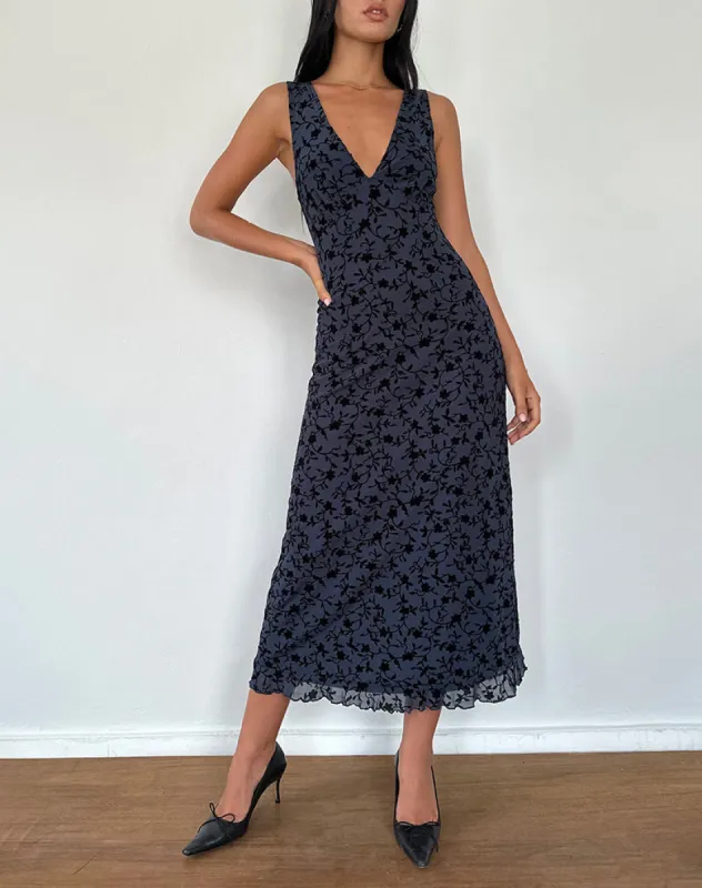 Gabriela Midi Dress in Flocked Petal Navy sold by Motel Rocks