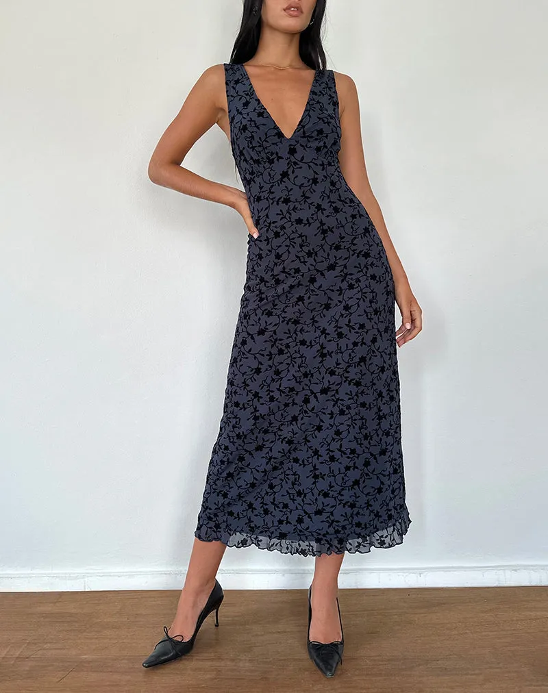 Gabriela Midi Dress in Flocked Petal Navy sold by Motel Rocks