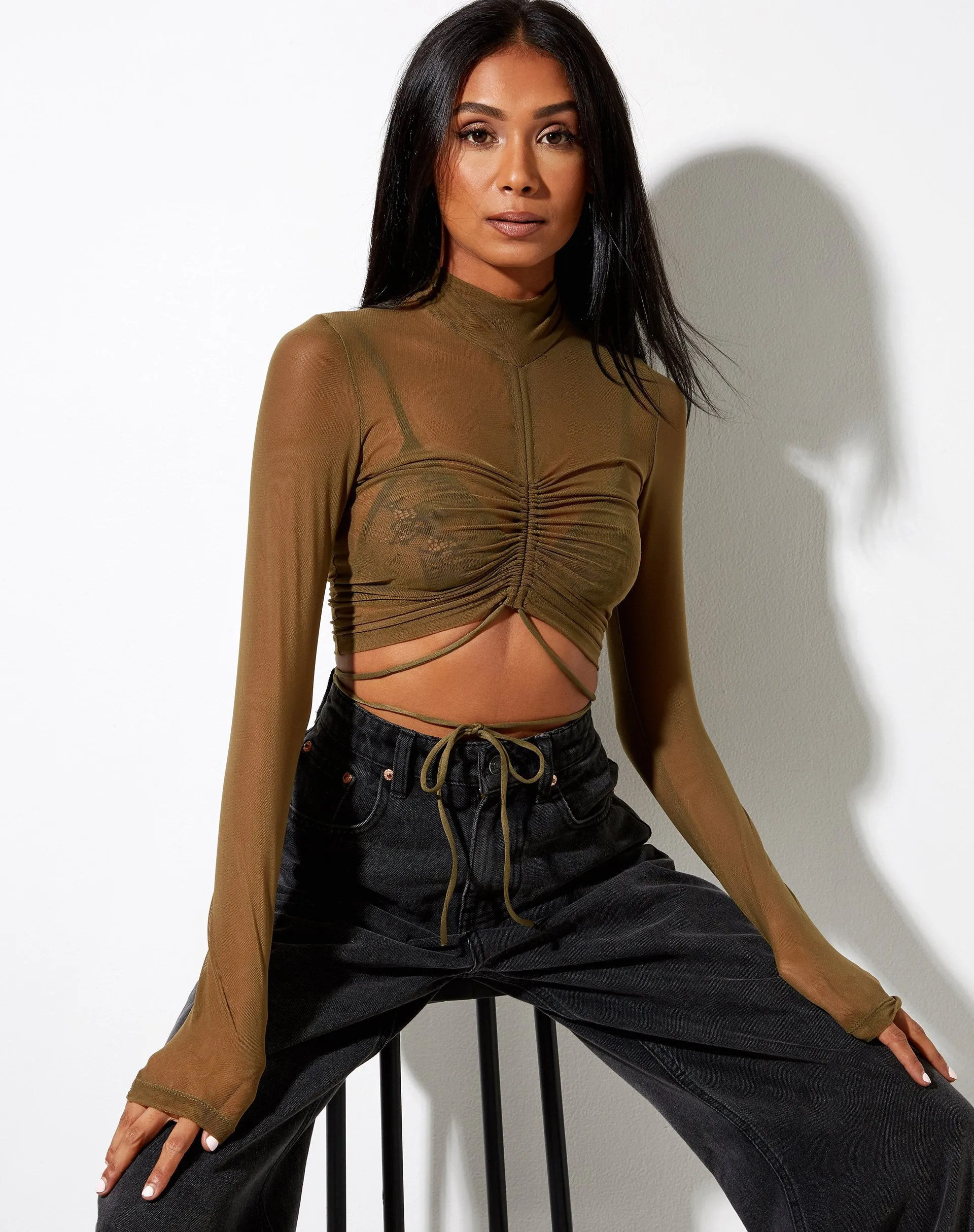 Sauja Crop Top in Mesh Khaki Green sold by Motel Rocks