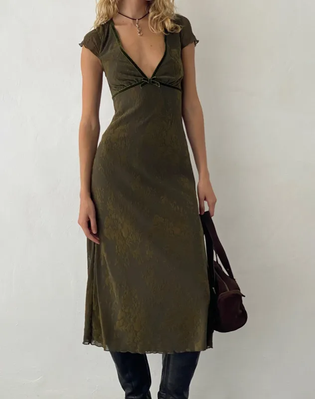 Vilinia Midi Dress in Abstract Botanic Dark Olive sold by Motel Rocks