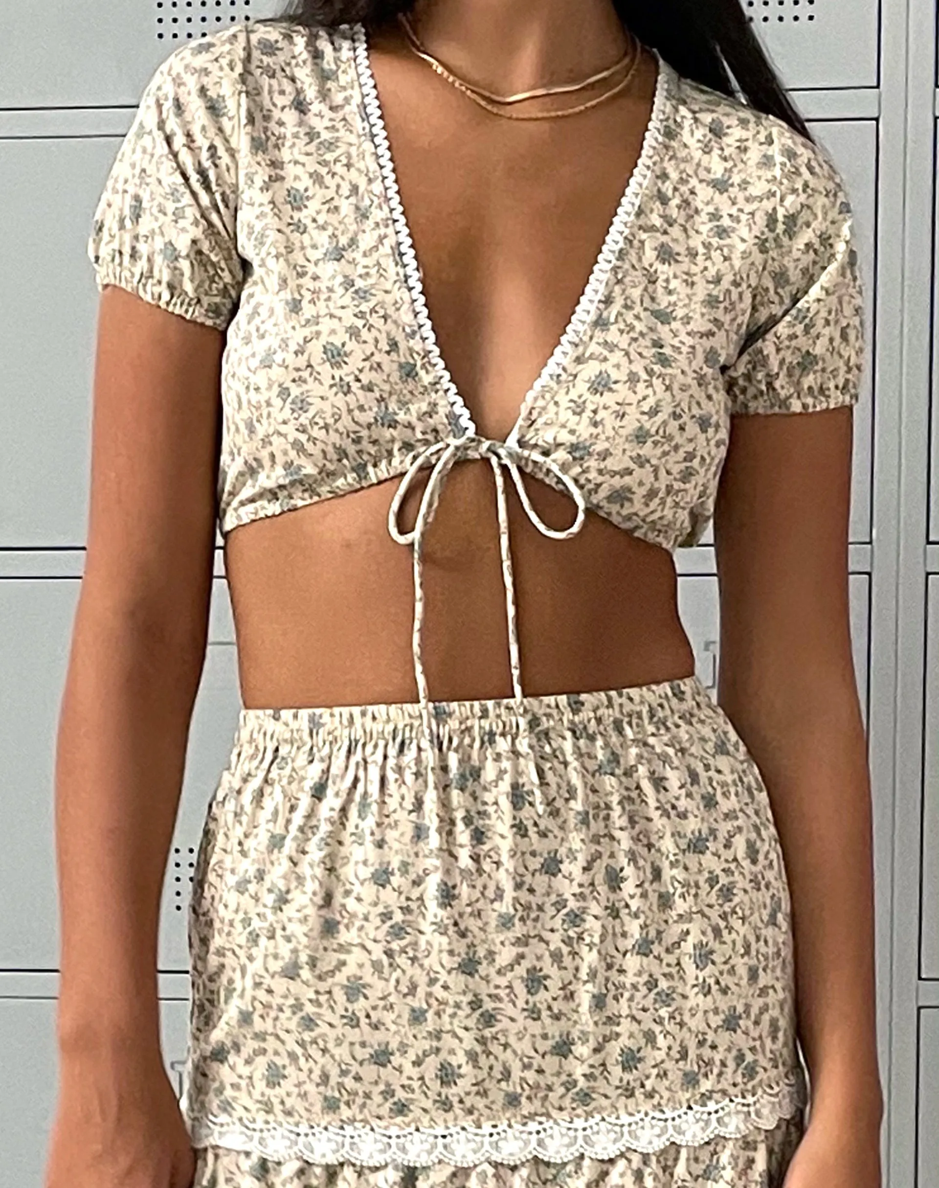 Skise Tie Front Crop Top in Antique Blue and Ivory Floral sold by Motel Rocks