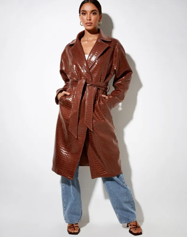 Duster Longline Coat in Croc Pu Brown sold by Motel Rocks