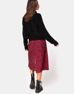 Saika Midi Skirt in Satin Rose Burgundy sold by Motel Rocks
