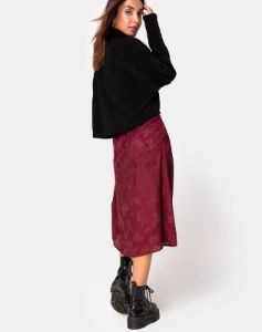 Saika Midi Skirt in Satin Rose Burgundy sold by Motel Rocks