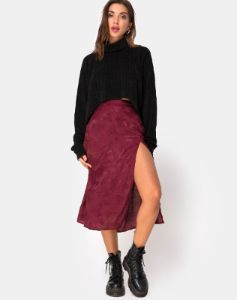 Saika Midi Skirt in Satin Rose Burgundy sold by Motel Rocks