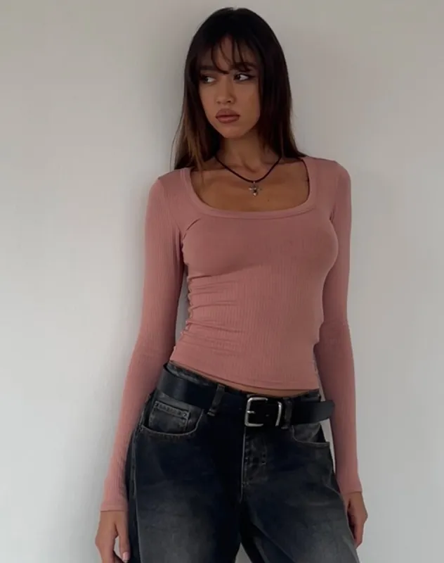 Binlo Extra Long Sleeve Top in Dusty Pink Rib made by Motel Rocks
