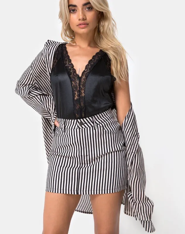 Mini Broomy Skirt in Mini Pinstripe Black and Nude sold by Motel Rocks
