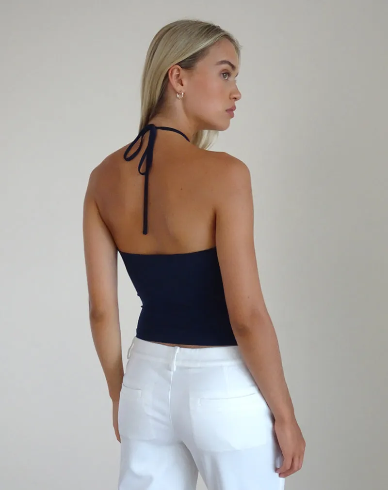 Tarrina Halterneck Top in Dark Navy with White Rosette sold by Motel Rocks product image thumbnail 5