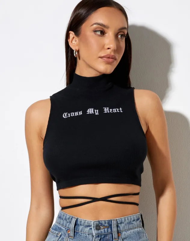 Quera Crop Top in Black 'Cross My Heart' Embro sold by Motel Rocks