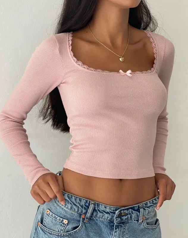 Bovita Long Sleeve Top in Rib Pink sold by Motel Rocks
