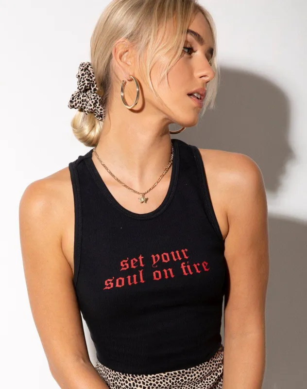 Givas Crop Top in Black with "Set Your Soul On Fire" in Red sold by Motel Rocks