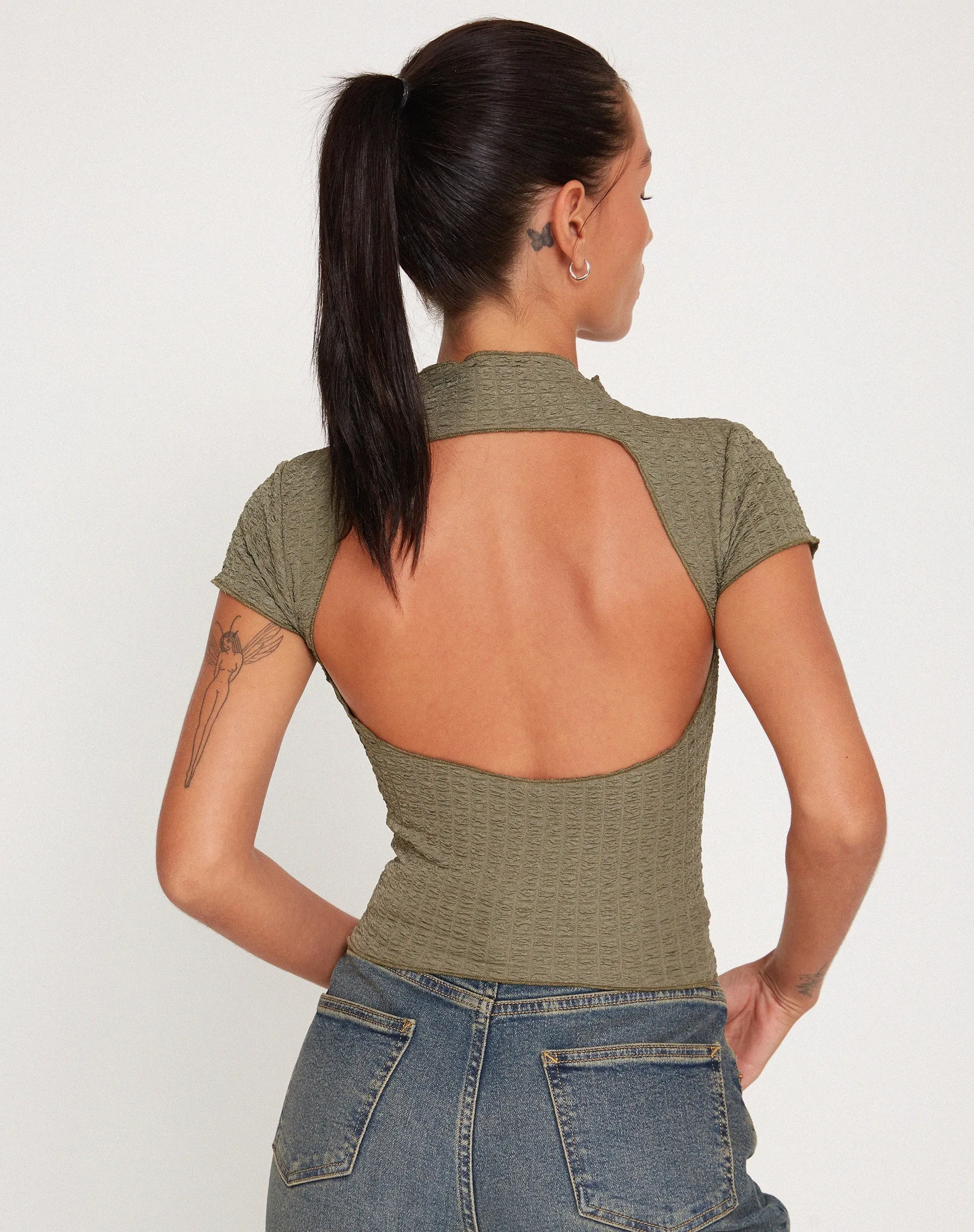 Elton High Neck Top in Khaki sold by Motel Rocks product image thumbnail 3
