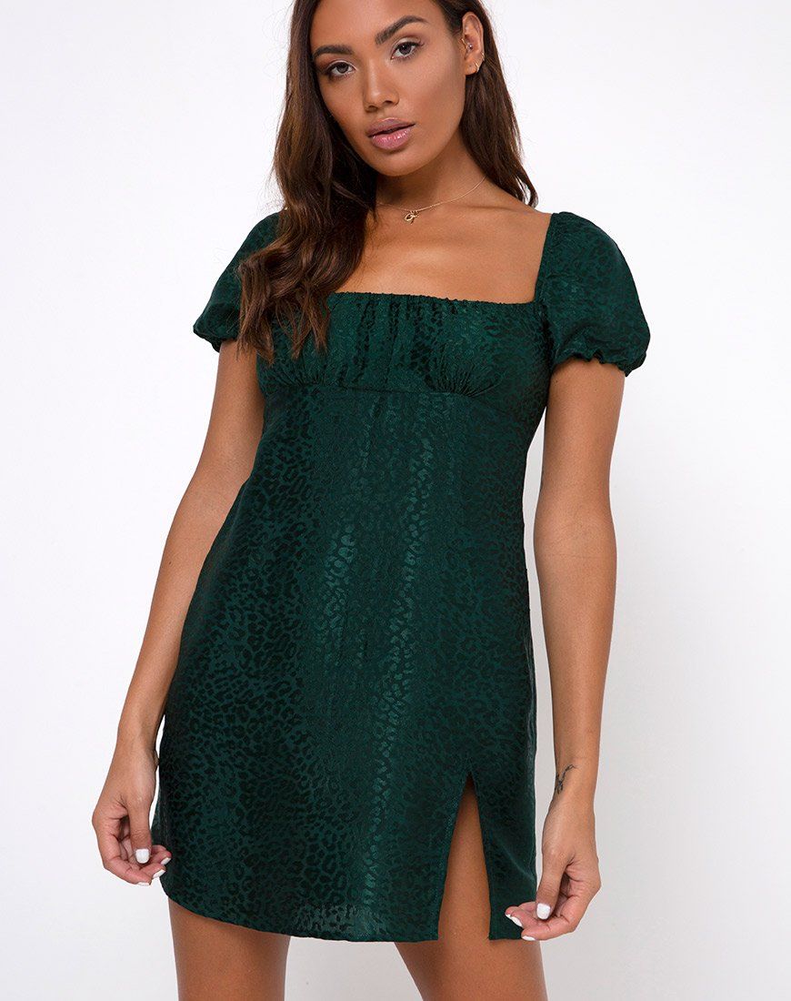 Lonma Mini Dress in Satin Cheetah Forest Green sold by Motel Rocks