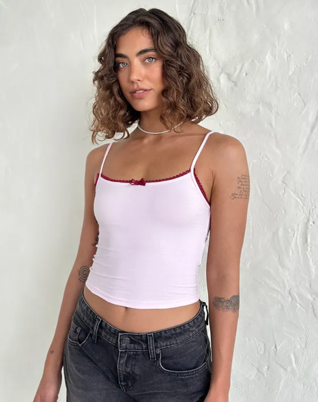 Suna Vest Top in Light Pink with Burgundy Trim sold by Motel Rocks
