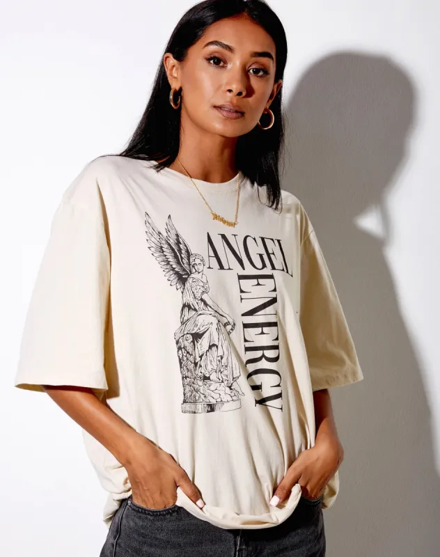 Cocoon Tee in Stone 'Angel Energy' sold by Motel Rocks