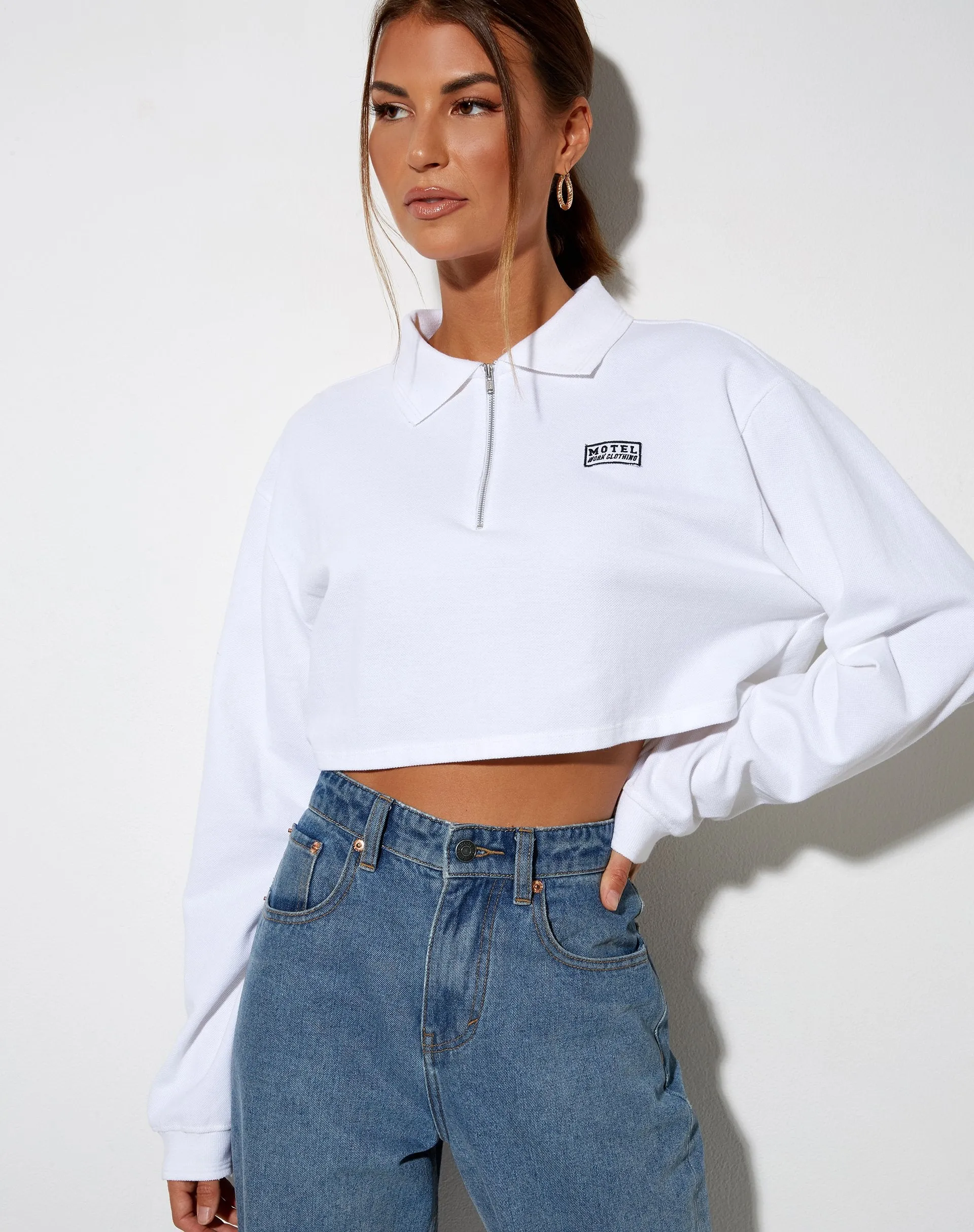 Gandi Crop Top in White with Motel Work Clothing Label sold by Motel Rocks