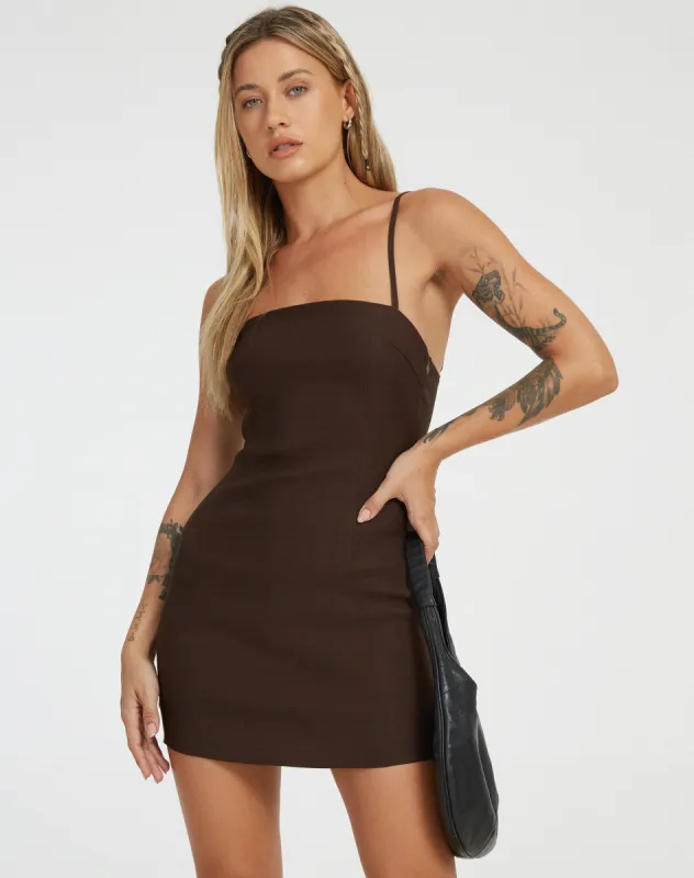 Lovana Mini Dress in Bitter Chocolate sold by Motel Rocks