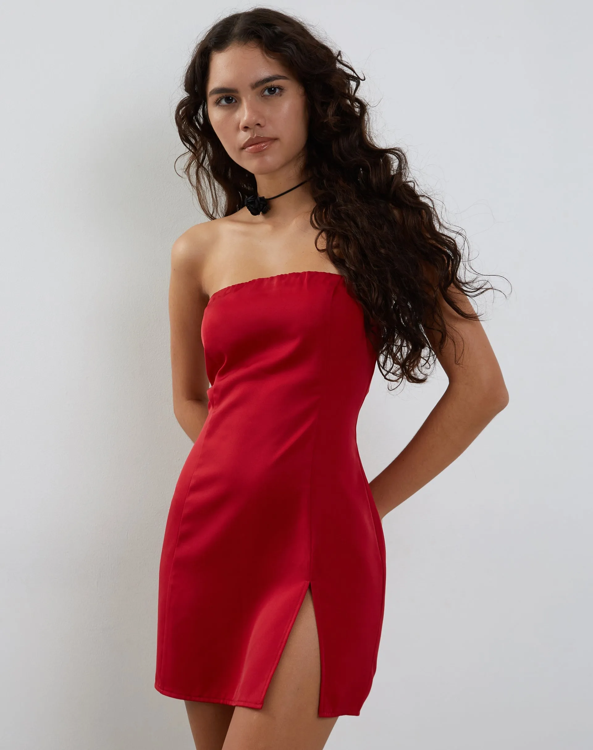 Tannesa Bandeau Mini Dress in Deep Red Satin sold by Motel Rocks product image thumbnail 4