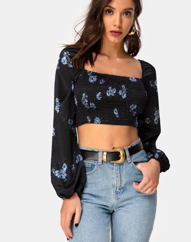 Elina Top in Satin Black Mono Flower sold by Motel Rocks