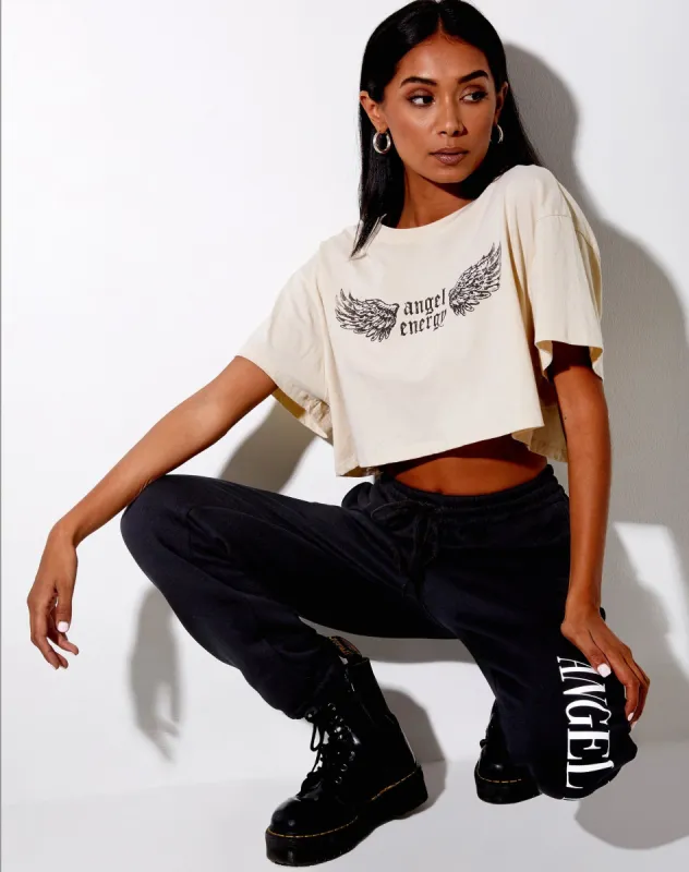 Georgi Cropped Tee in Stone 'Angel Energy' Wings sold by Motel Rocks