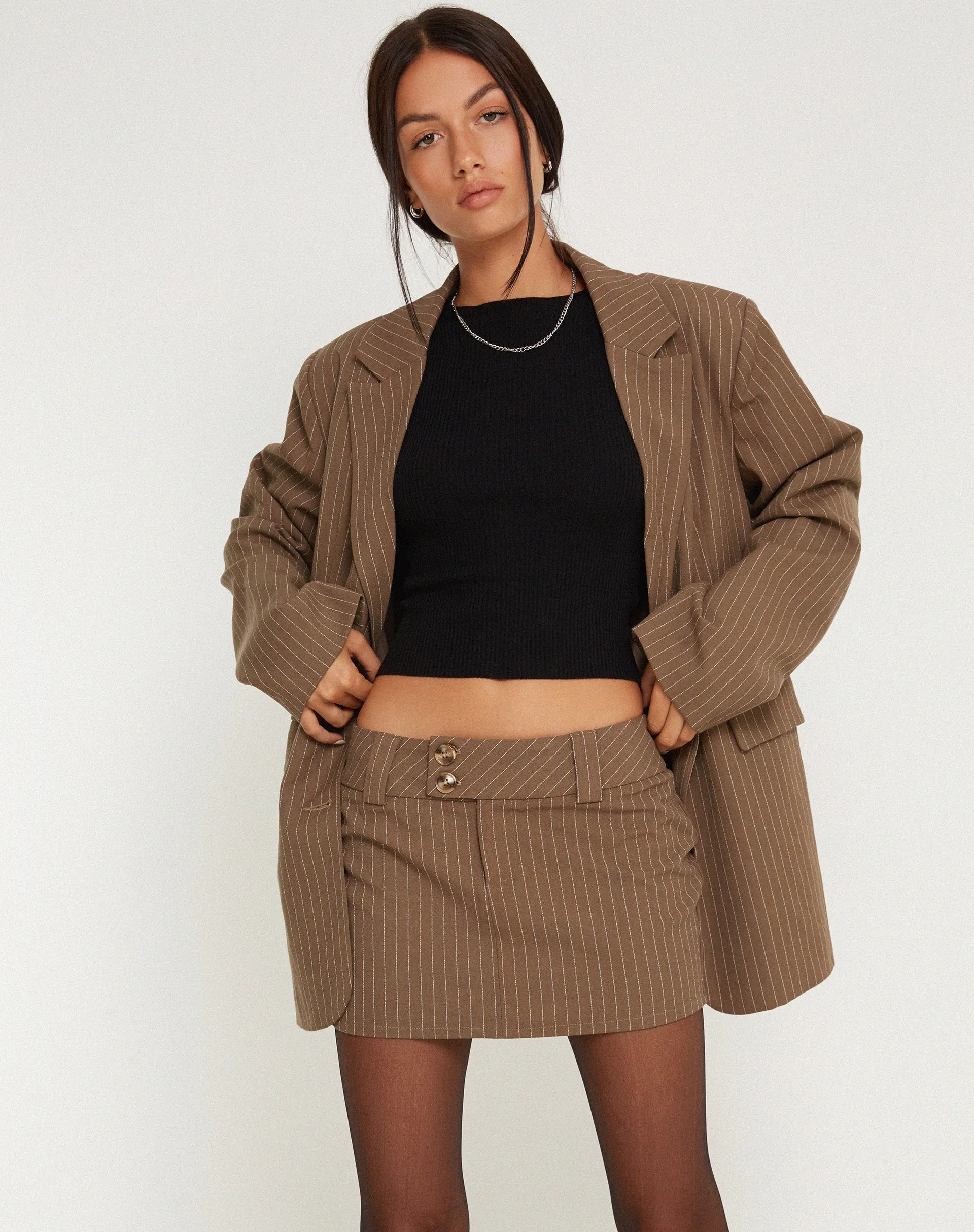 Tovani Mini Skirt in Pinstripe Brown sold by Motel Rocks