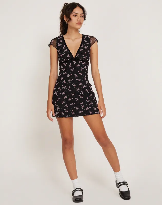 Evilia Mini Dress in Mesh Ditsy Ribbon Dusty Pink Flock sold by Motel Rocks