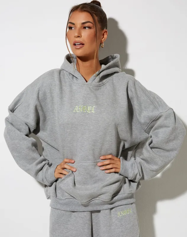 Oversize Hoody in Greymarl with "Angel" Embro in Lemon sold by Motel Rocks