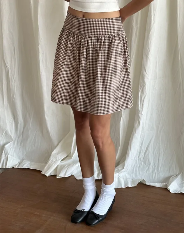 Adinda Midi Skirt in Mini Gingham Brown sold by Motel Rocks
