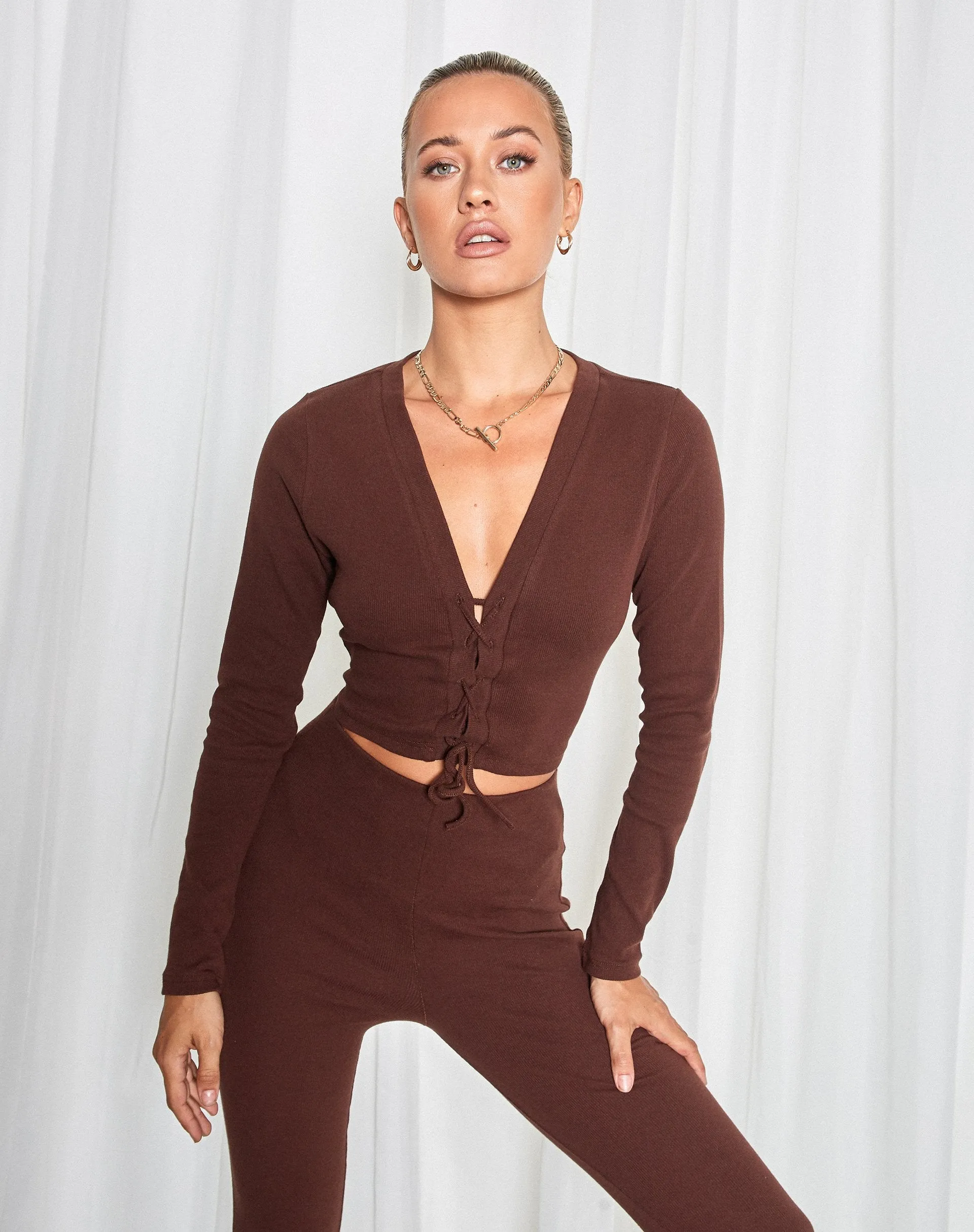 Delona Long Sleeve Top in Brown sold by Motel Rocks