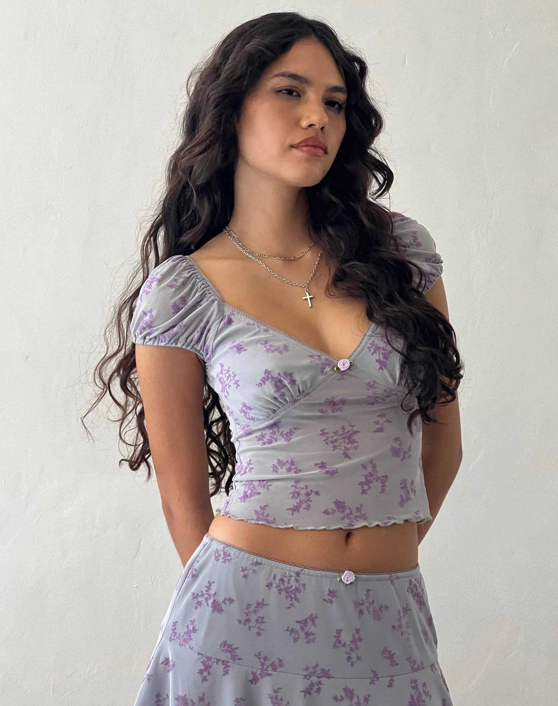 Lorenne Sweetheart Mesh Top in Purple Botanist Flock sold by Motel Rocks
