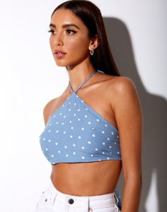 Maudy Crop Top in Skater Polka Blue sold by Motel Rocks