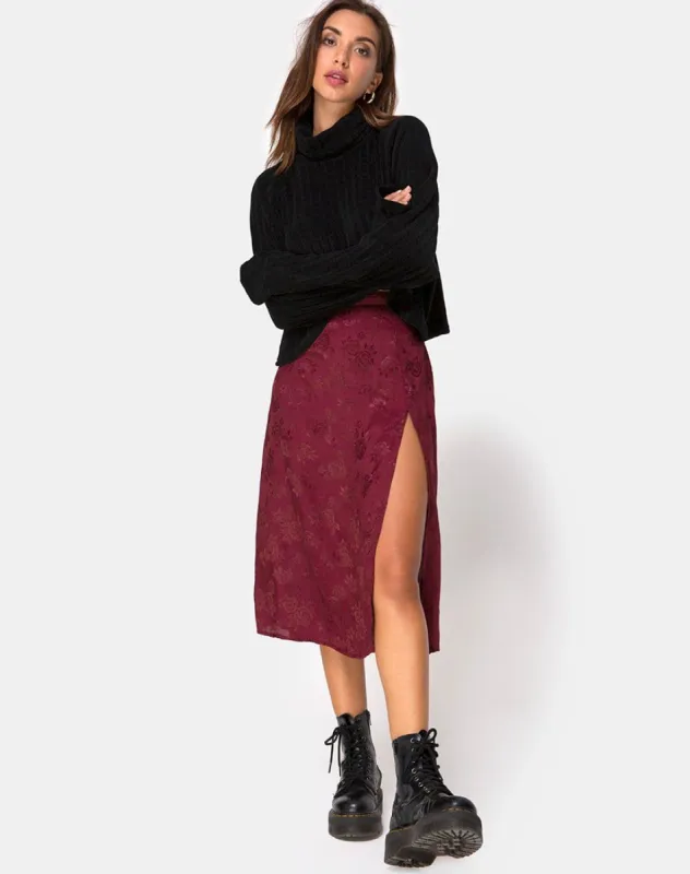 Saika Midi Skirt in Satin Rose Burgundy sold by Motel Rocks