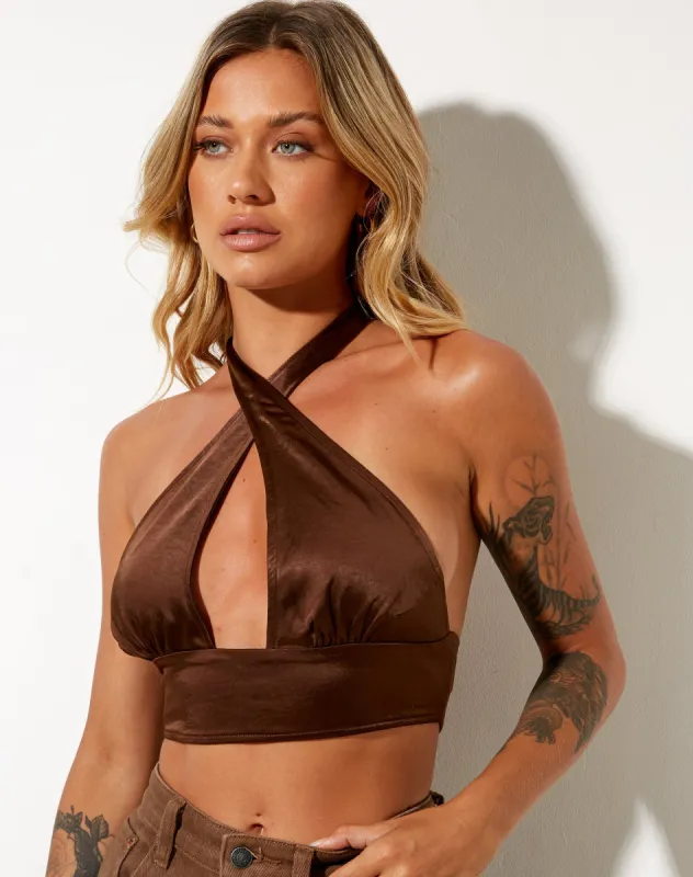 Silta Crop Top in Satin Chocolate sold by Motel Rocks