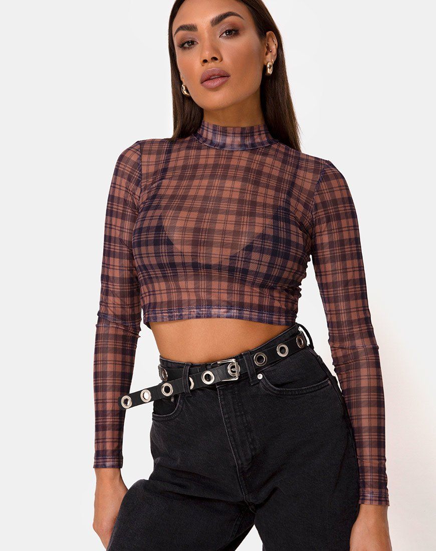Lara Crop Top in Net Checking Out Brown sold by Motel Rocks