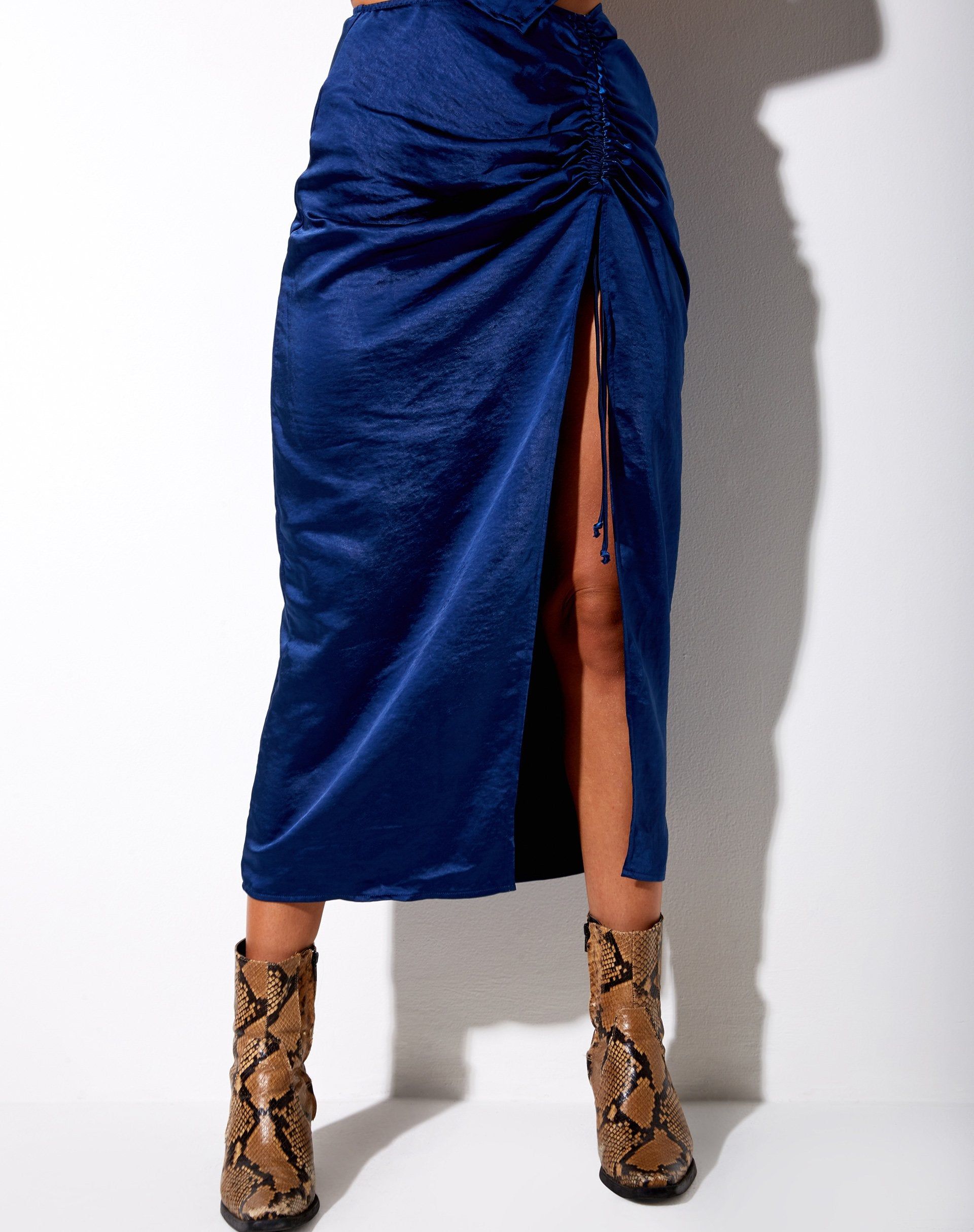 Maxel Midi Skirt in Satin Midnight Blue sold by Motel Rocks product image thumbnail 2