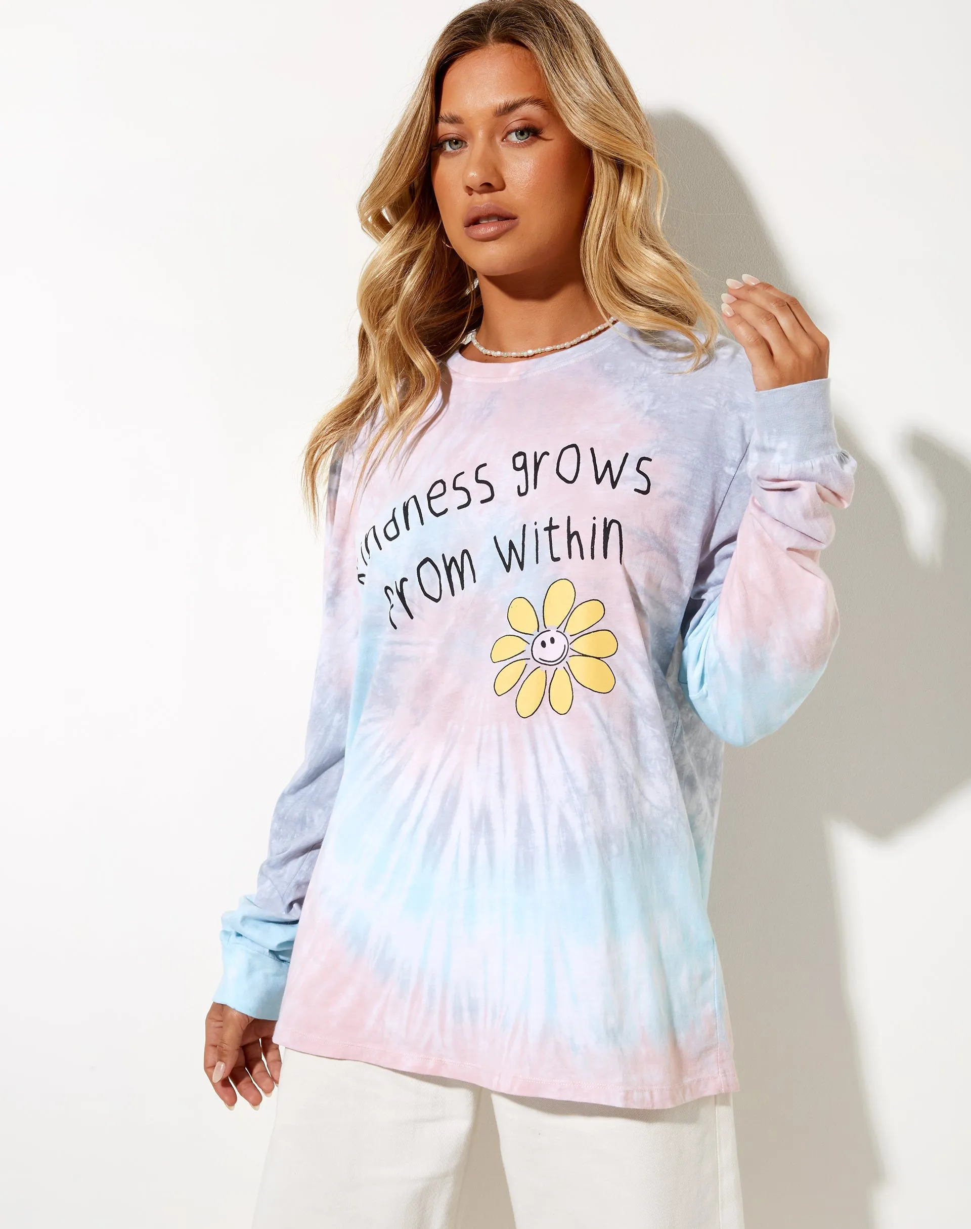Olivia Long Sleeve Tee in White Tie Dye Kindness Grow sold by Motel Rocks