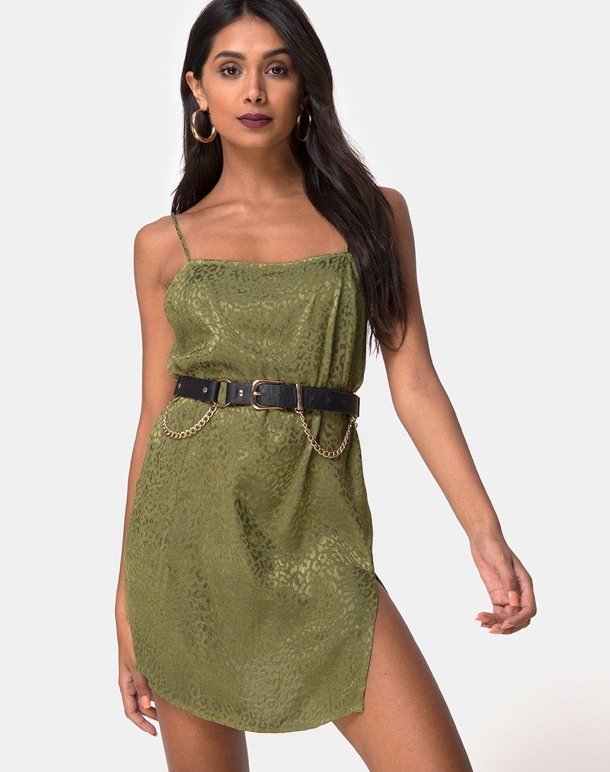 Datista Slip Dress in Satin Cheetah Khaki sold by Motel Rocks