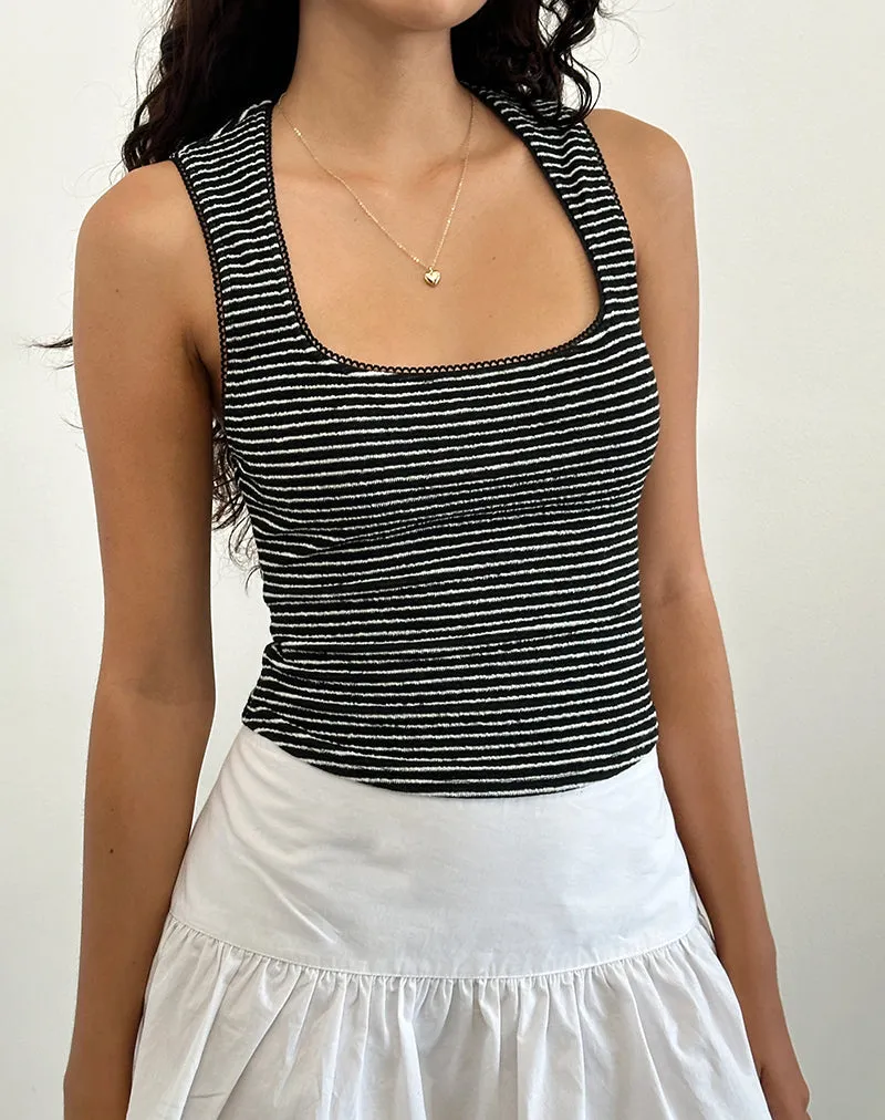 Jinsu Top in Black and White Stripe with Picot Trim sold by Motel Rocks