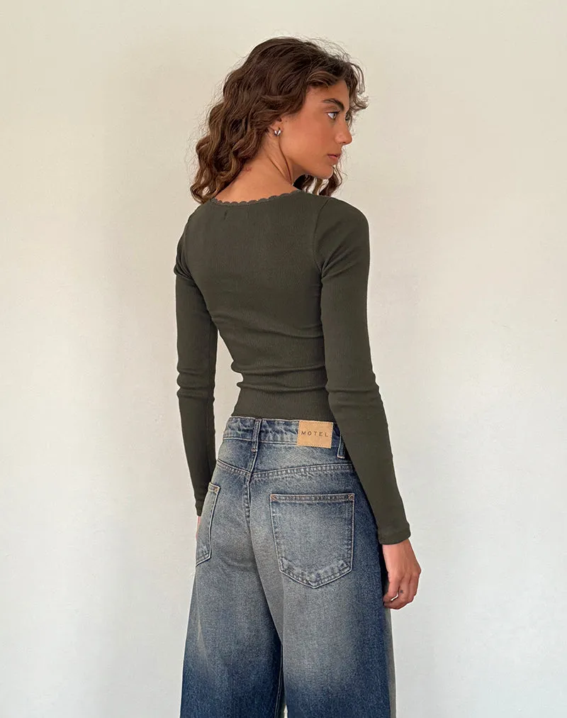 Bovita Long Sleeve Ribbed Top in Olive sold by Motel Rocks product image thumbnail 4