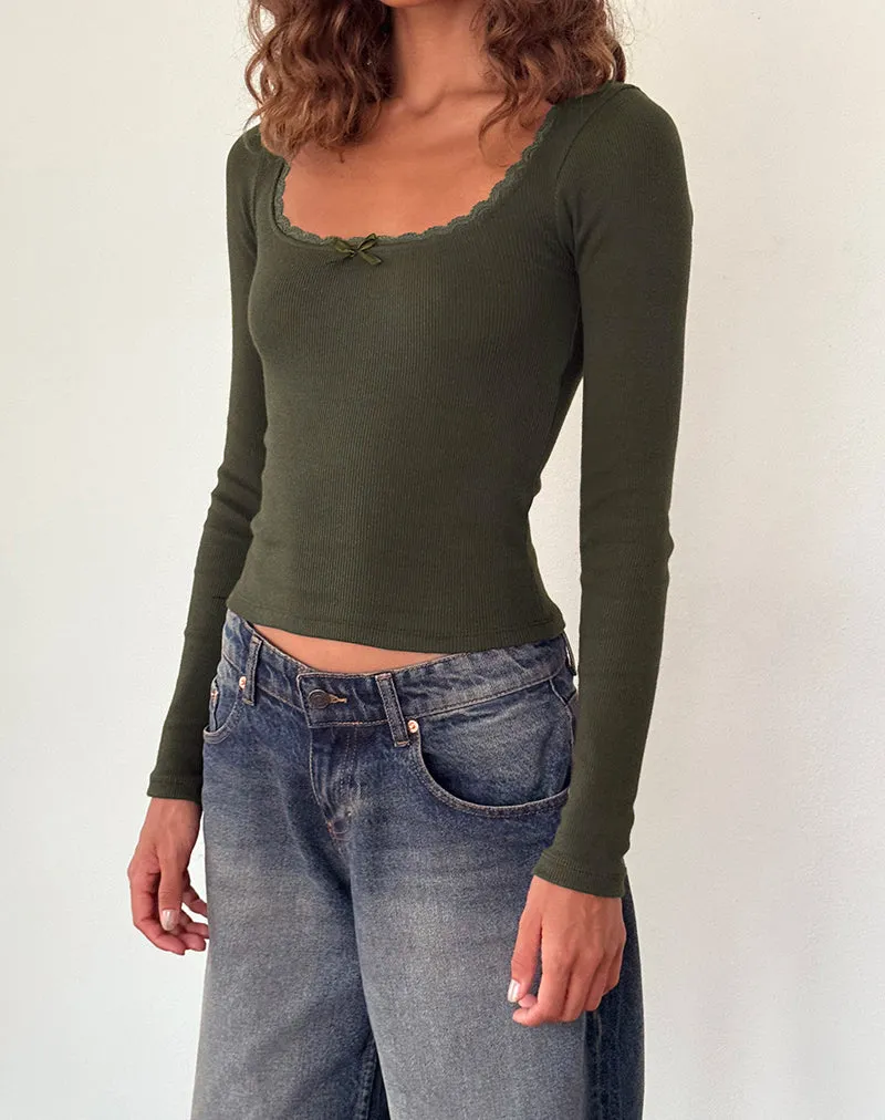 Bovita Long Sleeve Ribbed Top in Olive sold by Motel Rocks